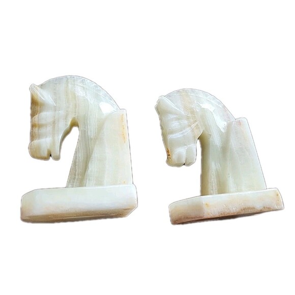 Vintage 5" Onyx Horse Head Equestrian Trojan Bookends Carved Stone Home Decor - Picture 11 of 14